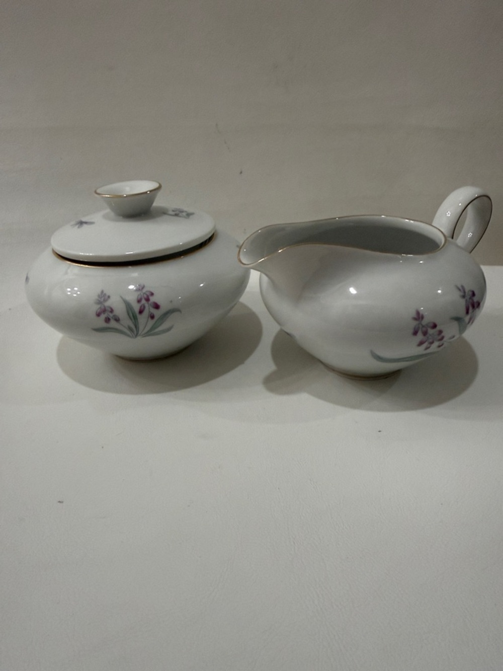 R KPM Krister Germany White Porcelain Creamer Sugar Bowl Tea Set Purple Floral